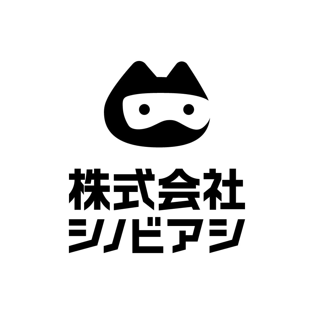 【画像】株式会社シノビアシ キャラアイコン付きロゴ 猫のようなキャラクターが忍者が身につけるような衣装を身につけて目を出している